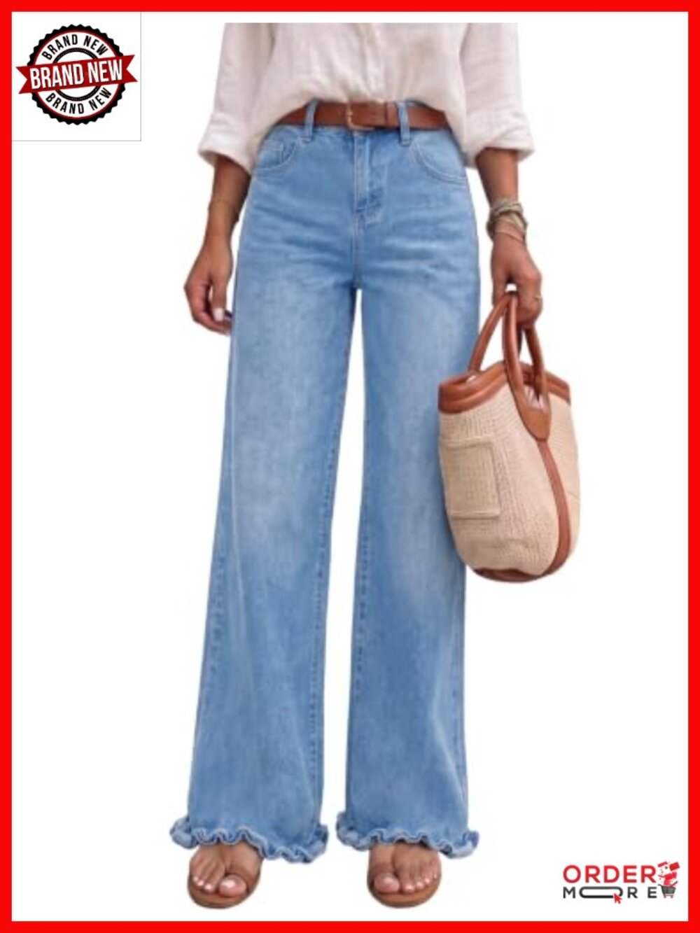 High Waisted Wide Leg Jeans Stretchy Baggy Denim Pants Ruffle Hem